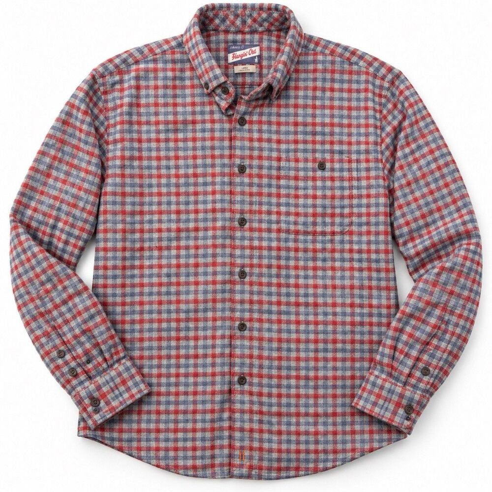 Johnnie-O Hangin' Out Flannel Shirt Burnt Orange Blue Gray Plaid Cotton Men's L